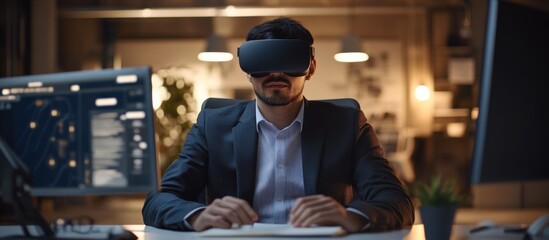 Sticker - Businessman Wearing VR Headset at Desk in Office