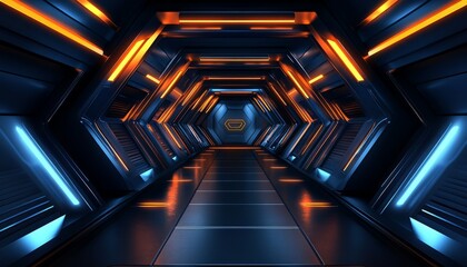 Canvas Print - Futuristic Hexagon Corridor with Neon Lights