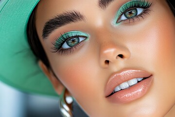 Poster - Mint color beauty look with fresh and natural makeup, captured in a photo where a beauty look features soft mint eyeshadow, natural blush, and a fresh, dewy finish, perfect for a spring or summer