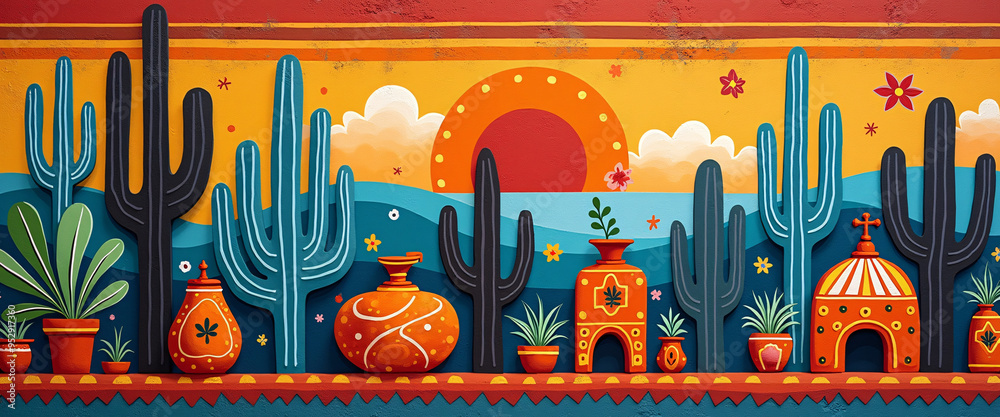 Design a modern Hispanic heritage mural full of traditional cultural patterns motifs and symbols that celebrate the rich history of Hispanic culture.