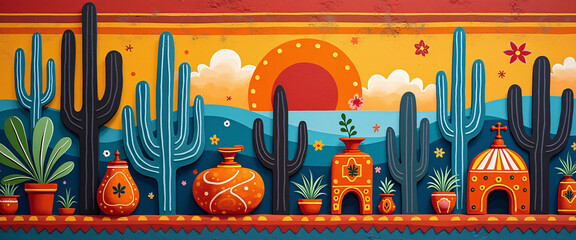 Design a modern Hispanic heritage mural full of traditional cultural patterns motifs and symbols that celebrate the rich history of Hispanic culture.