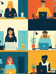 Poster - Group of people working intently on laptops in a colorful office setting, showcasing teamwork and concentration in their tasks. Generative AI