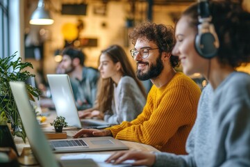 Aufkleber - A group of individuals engage in collaborative work at computers, demonstrating concentration and teamwork in a modern office environment. Generative AI