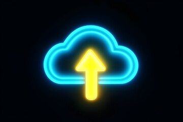 Wall Mural - Neon blue cloud upload icon isotated on black background.