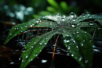 Water droplets on a spider web among garden foliage