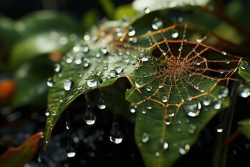 Water droplets on a spider web among garden foliage