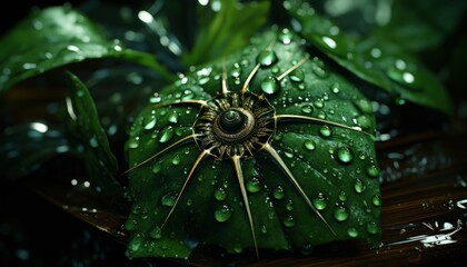Water droplets on a spider web among garden foliage