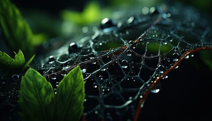 Water droplets on a spider web among garden foliage