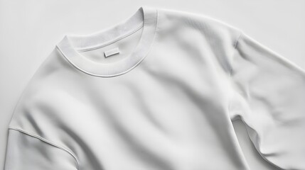 A white crewneck sweatshirt laid out flat on a white background, emphasizing its soft material and relaxed fit.