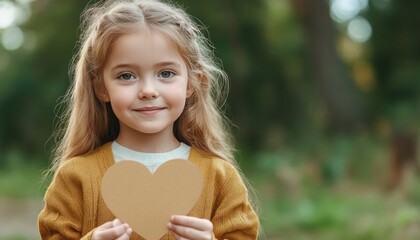 Wall Mural - Little Girl Holding Heart-Shaped Card, A Symbol of Love and Family Bond, Adorable Daughter Expressing Affection, Warm and Emotional Moment, Celebrating Love and Family