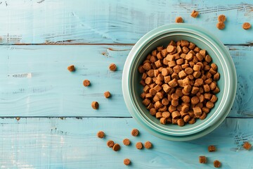 Dry pet food in bowl on wooden background