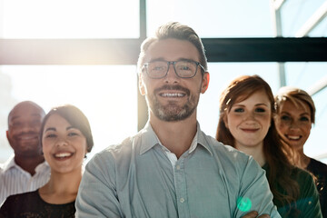 Poster - Leadership, portrait and smile of business people in office together for collaboration. Diversity, face and management with employee team in professional workplace for company mission or vision