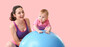 © Pixel-Shot - Young sporty mother and her baby doing exercises with fitball on color background