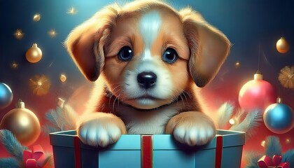 Wall Mural - Little dog in a gift box for the happy festival poster generative AI