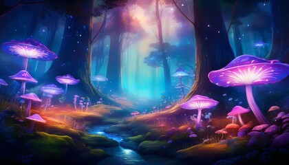 Wall Mural - Glowing mushrooms in the dark forest fantasy landscape generative AI