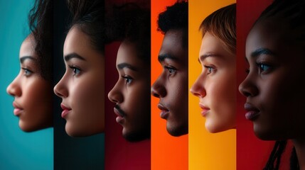 Aufkleber - Facial profiles of diverse individuals highlight differences and biases, separated by a stark line, showcasing vibrant colors and contrasts. Generative AI