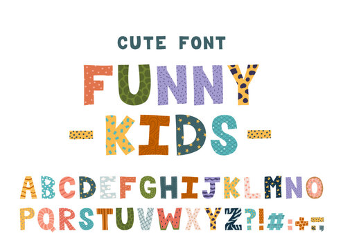 Cartoon colorful font. English alphabet. Isolated bold playful letters and signs, funny festival font for birthday and greeting card typography, logotypes, designs for kids. Vector typographic.