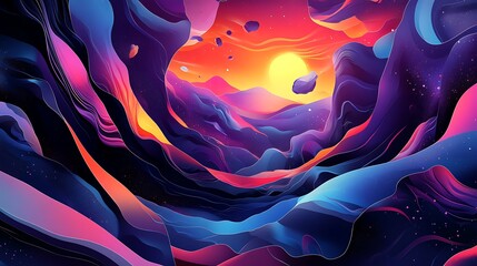 Sticker - Abstract Sunset Landscape with Wavy Lines and Stars