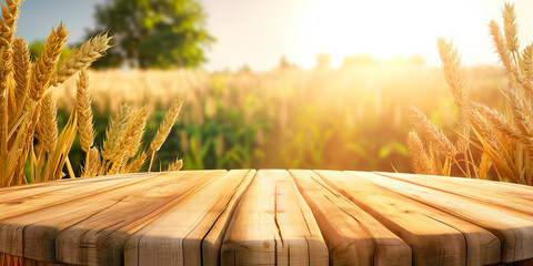 Large round wooden podium with wheat field in the background and morning light