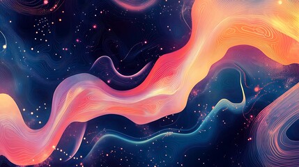 Wall Mural - Abstract Digital Art with Wavy Lines and Glowing Dots