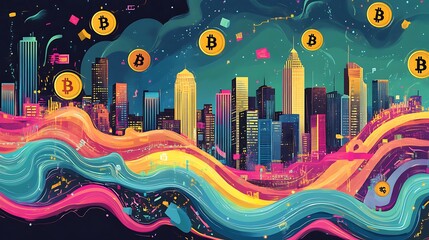 Sticker - Cityscape with Bitcoin Symbols and Colorful Abstract Waves