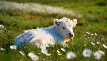 Wall Mural - a fluffy white scottish highland calf rests peacefully in a field filled with blooming daisies and lush green grass