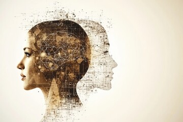 Poster - Profile of a woman with digital and fragmented visuals symbolizing the complexity and depth of human cognition and emotions