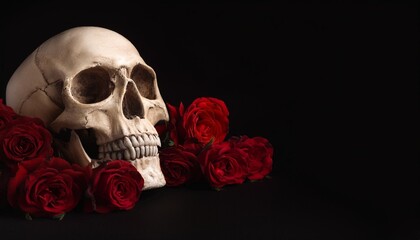 skull and roses on a black background ai