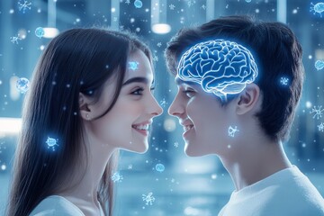 Canvas Print - Romantic couple with glowing brain visuals symbolizing the intellectual and emotional connection that deepens their relationship