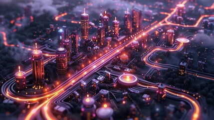 Wall Mural - Futuristic city at night with glowing roads and buildings.