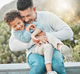 Canvas Print - Hug, laughing and tickle of boy with father in garden of home together for bonding or excitement. Funny, love or smile with single parent man and child outdoor for support, trust or wellness