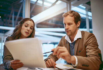 Poster - Discussion, meeting and business people with documents in office for company policy, contract and b2b deal. Partnership, corporate and man and woman with paperwork for agreement, consulting or report