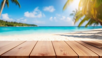 Wall Mural - empty wooden table on a beautiful blured tropical beach background generative ai summer holiday background for product display