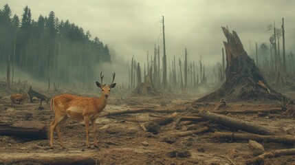 Poster - Rare animals roam a deforested area, highlighting the urgent threat of extinction amid vanishing natural ecosystems. Generative AI