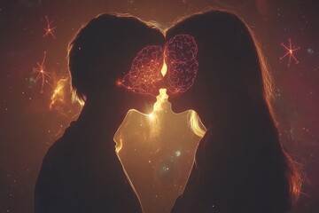 Poster - Romantic silhouette of a couple with glowing brain visuals symbolizing the intellectual and emotional connection that deepens their relationship