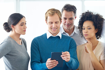 Poster - Group, business people and discussion with tablet for research or planning at creative startup. Tech, team and collaboration with project manager for problem solving, training advice or brainstorming