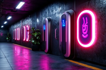Aufkleber - Neon color cyberpunk environment with glowing signs and futuristic elements, captured in a photo where a cyberpunk environment is illuminated by glowing neon signs, with futuristic elements