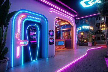 Aufkleber - Neon color cyberpunk environment with glowing signs and futuristic elements, captured in a photo where a cyberpunk environment is illuminated by glowing neon signs, with futuristic elements