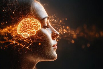 Poster - Close up profile of a woman with neural sparks symbolizing high mental activity cognitive strength and deep focus in a dynamic fiery visual representation