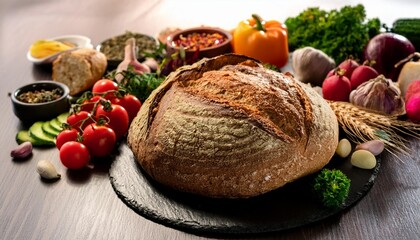 artisan handcrafted bread displayed rustic stone platter surrounded fresh ingredients culinary feast loaf dough crust texture herbs vegetables table