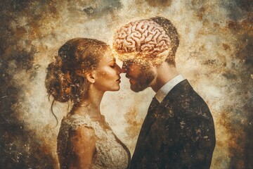 Canvas Print - Couple standing close with brain imagery symbolizing a deep intellectual and emotional connection highlighting the synergy of love and thought in a textured artistic composition