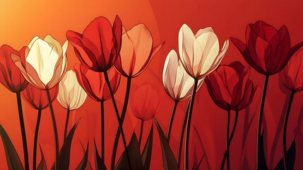 Wall Mural - Red and White Tulips in Silhouette with Sunset Background