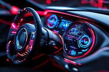 Aufkleber - Neon color digital displays with futuristic interfaces and glowing effects, illustrated in a scene where digital displays feature neon-colored interfaces, with glowing effects and vibrant graphics