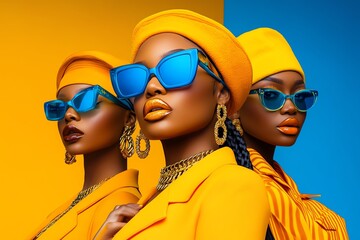 Aufkleber - Neon color fashion editorial with dramatic lighting and vibrant colors, captured in a photo where models pose in neon-colored outfits, with dramatic lighting highlighting the vibrant colors