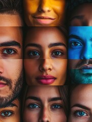 Aufkleber - Faces of diverse individuals are separated by a line, highlighting division and bias with bright contrasting colors emphasizing uniqueness. Generative AI