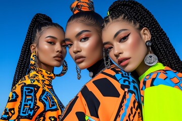 Aufkleber - Neon color fashion editorial with vibrant lighting and edgy designs, captured in a photo where models pose in neon-colored outfits, with vibrant lighting highlighting the bold designs and colors