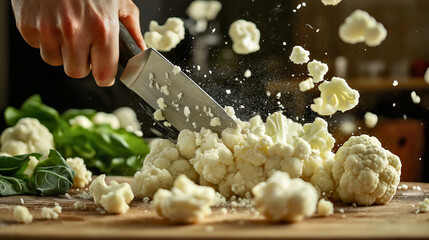 Hand holding knife cutting cauliflower vegetable on wooden board kitchen table. Organic raw healthy vitamin food meal ingredient, vegan vegetarian cooking nutrition, freshness, closeup, recipe