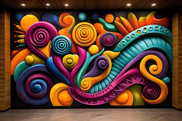 Poster - Neon color graffiti art with bold and expressive patterns, illustrated in a scene where a graffiti mural features bold, expressive patterns in neon colors, creating a striking and energetic