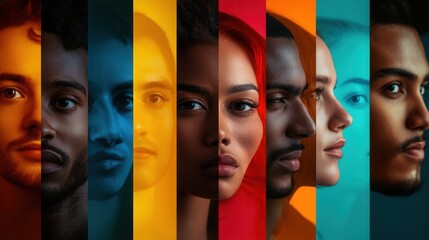 Aufkleber - Diverse faces showcase individuality and separation through vibrant colors and barriers, highlighting the themes of bias and difference. Generative AI