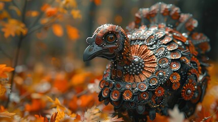 A steampunk turkey with intricate metalwork and a stylized design stands amidst vibrant fall foliage.